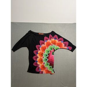 Desigual Women's Black Colorful Geometric Mandala Dolman Sleeve Tunic Top Size L